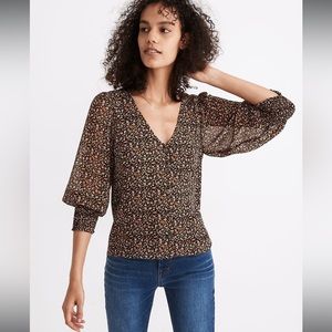 Georgette Smocked-Cuff Button-Front Shirt in Folktale Paisley